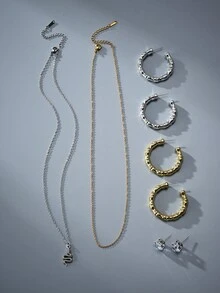 8入組彩色流行的心形和星形金屬,不銹鋼鍊項鍊,c型淡水珍珠耳環,是情人節禮物和女性日常穿著的理想選擇