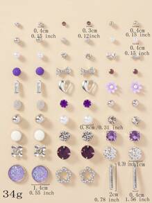 A Set Of 30 Pairs Of Exquisite And Simple Metal Faux Pearls, Small Flowers, Love Bows, Ladies Date Earrings, Gift Earrings Set Valentines - Multicolor - View 5