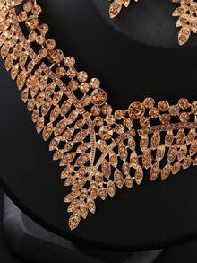 2 件/套女式合金全水鑽誇張項鍊和耳環套裝,新娘婚禮/晚會禮服配件 - 咖啡 - 查看 3