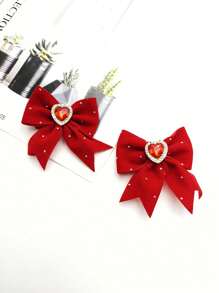 2 pinzas para el cabello de niñas, con decoración de corazón, perla, cristal y lazo, pinzas de cocodrilo