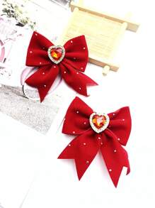 2 pinzas para el cabello de niñas, con decoración de corazón, perla, cristal y lazo, pinzas de cocodrilo