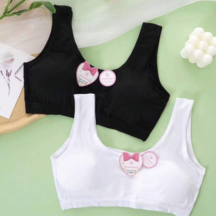 Bustier, Girl's Bra, 2 Piece Set Of Training Bras For Girls, Soft Cotton Sports Bra, Plain With Pads. - White - View 1