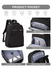 Business Backpack Men's Large Capacity Backpack Stylish Backpack Girls' Short Trips Multi-Functional Multi-Pocket Business Notebook Bag 15.6 "14" Casual Waterproof Travel Large Capacity Student Bag Suitable For Work And School Trips - Black - View 5