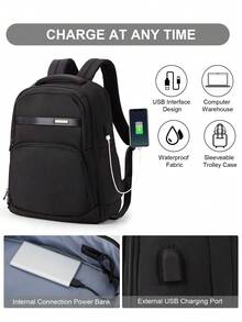 Business Backpack Men's Large Capacity Backpack Stylish Backpack Girls' Short Trips Multi-Functional Multi-Pocket Business Notebook Bag 15.6 "14" Casual Waterproof Travel Large Capacity Student Bag Suitable For Work And School Trips - Black - View 3
