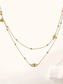 1 peça Colar de Corrente de Clavícula de Pingente de Olho Turquesa Dupla Camada Único e Olho Oco Azul Fashion, Colar de Aço Inoxidável para Mulheres