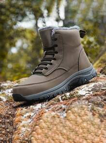 男士中高筒雪靴,冬季加厚,大碼,防水皮革徒步鞋