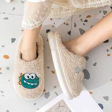可愛卡通恐龍女拖鞋,時尚家居冬季溫暖柔軟且舒適,帶絨毛內襯 - 米色 - 查看 8