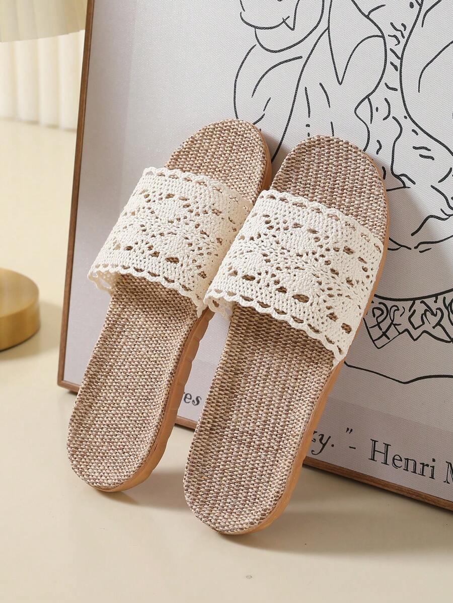 New Breathable Lace Linen Home Slippers, Versatile Princess Linen Slippers - Beige - View 1