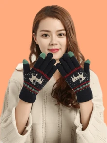 1雙男女通用卡其色提花麋鹿鹿角圖案觸屏手機冬季保暖針織毛絨手套 - 藏蓝色 - 查看 5