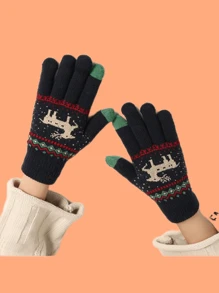 1雙男女通用卡其色提花麋鹿鹿角圖案觸屏手機冬季保暖針織毛絨手套 - 藏蓝色 - 查看 1