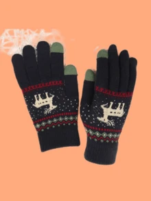 1雙男女通用卡其色提花麋鹿鹿角圖案觸屏手機冬季保暖針織毛絨手套 - 藏蓝色 - 查看 2