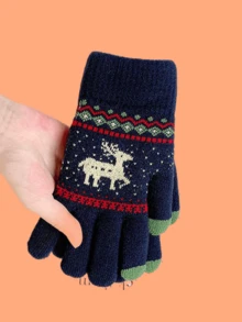 1雙男女通用卡其色提花麋鹿鹿角圖案觸屏手機冬季保暖針織毛絨手套 - 藏蓝色 - 查看 4