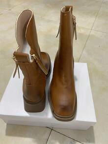 2023 Spring Autumn Winter New Vintage Women's Round Toe Double Zipper Boots, Ankle Length