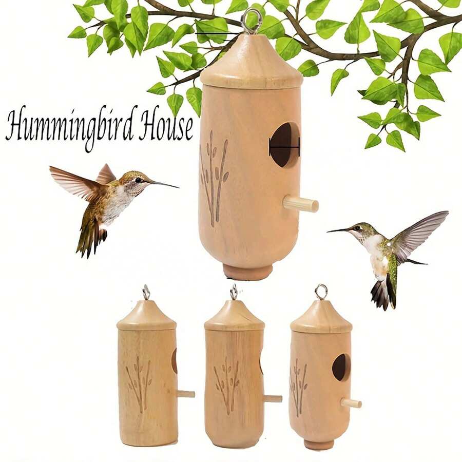 1入手工製作的木質鳥屋,可掛在樹上供蜂鳥棲息,是理想的室外花園裝飾品 - 杏色 - 查看 1