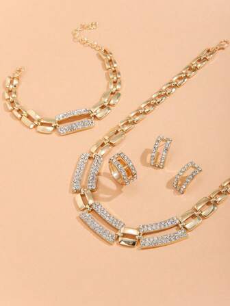 5入組金色鋅合金方形鑲嵌亮晶晶裝飾珠寶,適用於女性,是節日的完美禮物