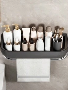 1pc Bathroom Shelf Wall Mounted Towel Rack, Towel Hook, Kitchen Wall Storage Rack, Corner Storage Organizer For Bathroom, No Drilling - Black - View 10