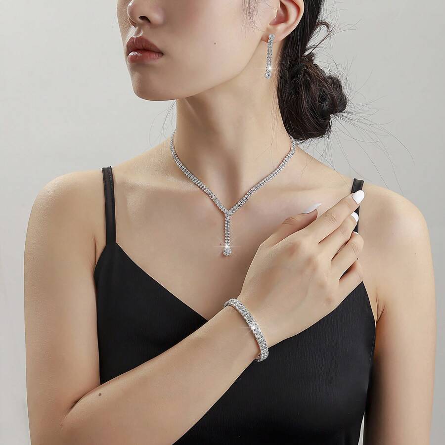 3 件組輕奢精緻白色水鑽耳環、短項鍊吊墜、彈性手鍊適合女式時尚新娘禮服派對配件 - 白色 - 查看 1