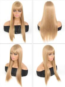 24英寸混合金色女士髮部件,合成纖維直髮帶劉海头皮顶部封閉髮夾,增加髮量和遮蓋白髮