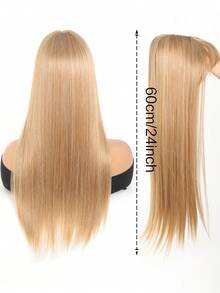 24英寸混合金色女士髮部件,合成纖維直髮帶劉海头皮顶部封閉髮夾,增加髮量和遮蓋白髮