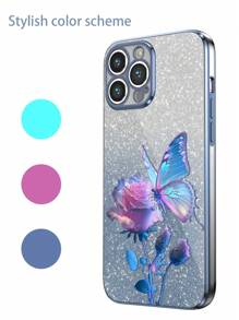 新款电镀防摔手机壳，带闪光贴纸和花卉蝴蝶3D设计，全套手机壳，兼容、三星、小米、OPPO、vivo手机 - 藍色 - 查看 3