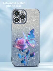新款电镀防摔手机壳，带闪光贴纸和花卉蝴蝶3D设计，全套手机壳，兼容、三星、小米、OPPO、vivo手机 - 藍色 - 查看 5