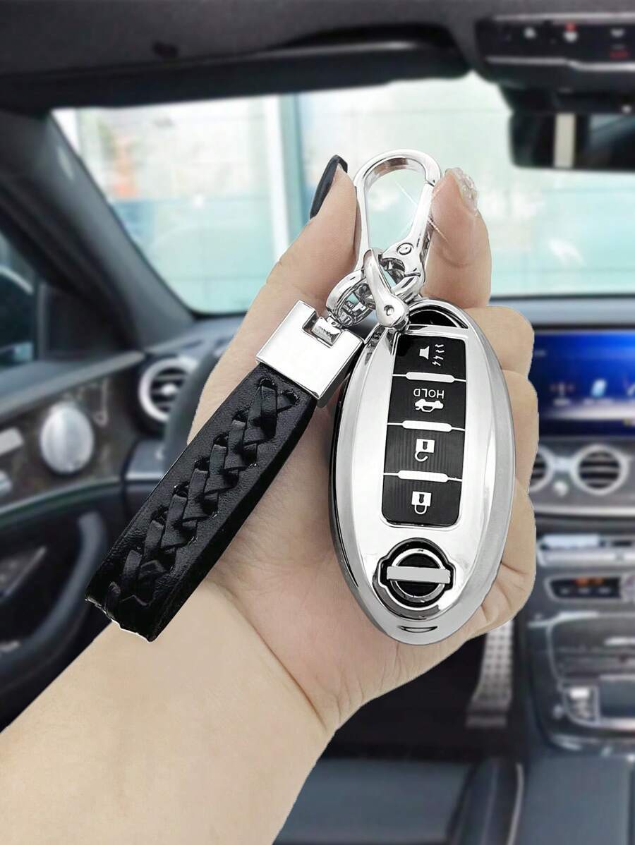 豪華男女時尚編織鑰匙圈 + 銀色和黑色防摔鑰匙圈外殼適用於 Nissan/infiniti Qx50l/qx60/qx59/q70l/x-trail/sylphy/teana/tiida/bluebird - 銀色 - 查看 1