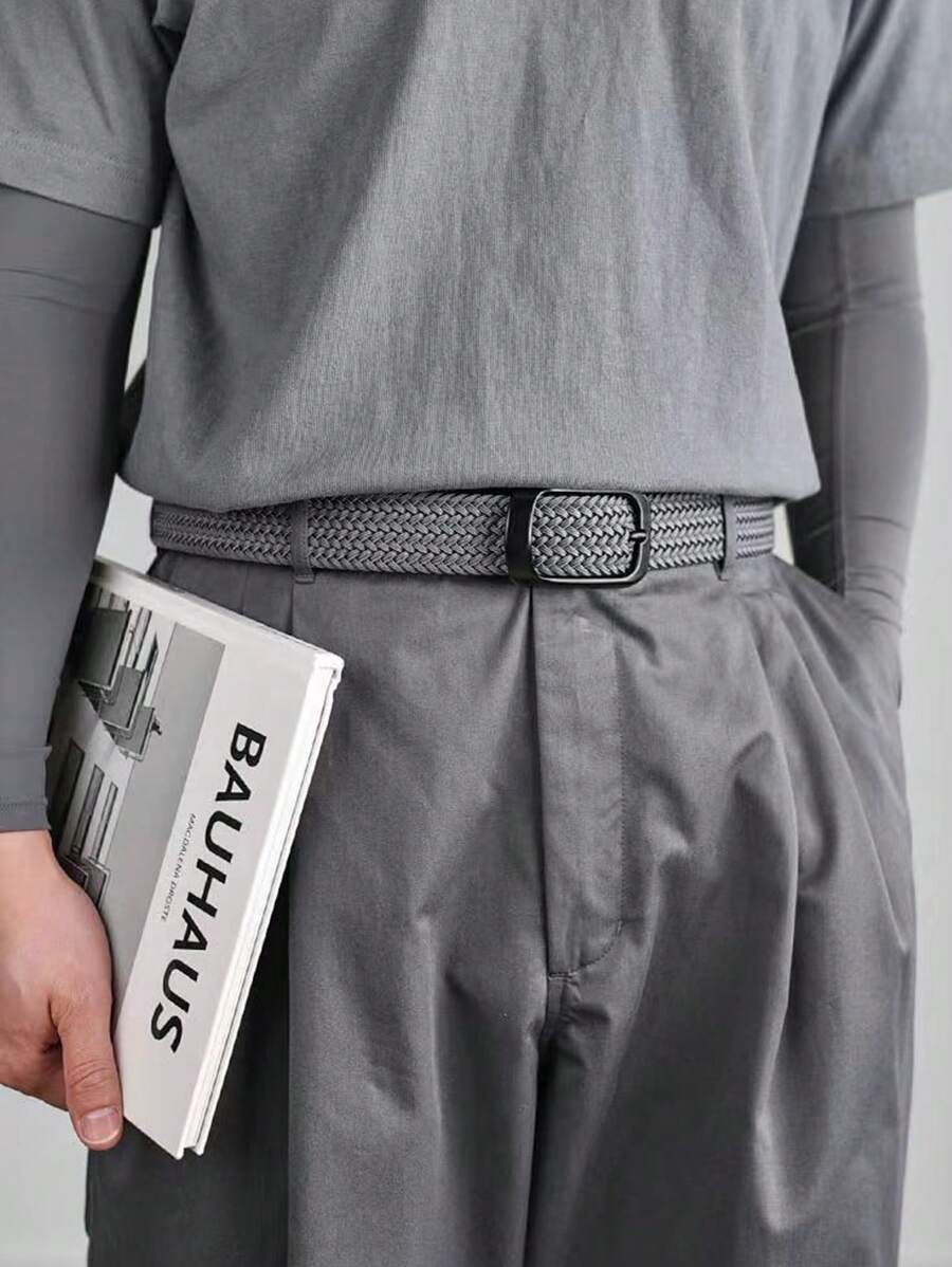 1pc Men's Gray Pu Elastic Belt With Black Buckle, Fashionable Ins Style Decorative Belt For Daily Use - Grey - View 1