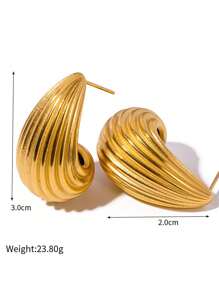 1pair Stainless Steel Water Drop & Stripe Pattern Earrings, Hypoallergenic & Colorfast, Fashionable & Simplistic Ear Hoops For Women, Daily Wear - Yellow Gold - View 12