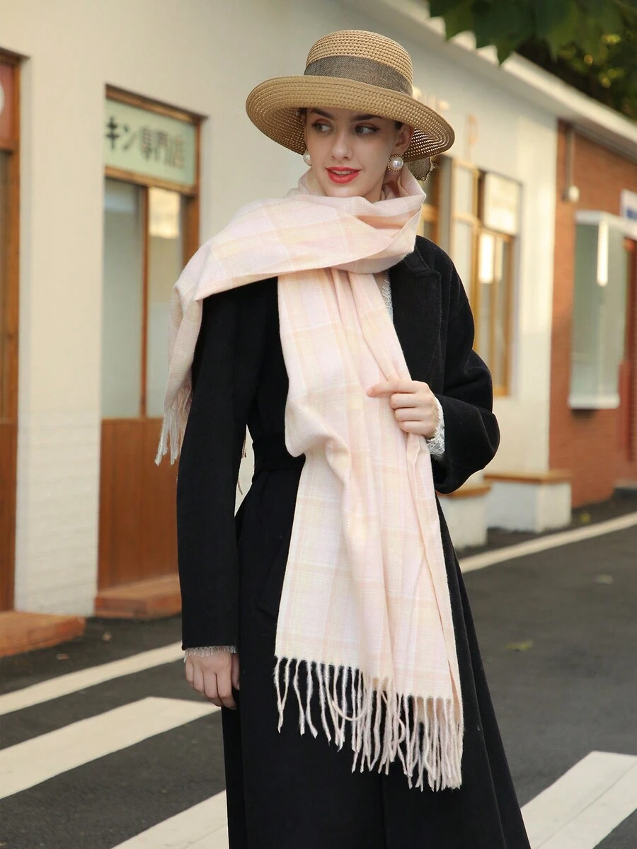 Sọc Tua Khăn quàng cổ Đúng mốt Mùa Đông Ấm áp Bọc Khăn choàng - màu hồng nhạt - Xem 1