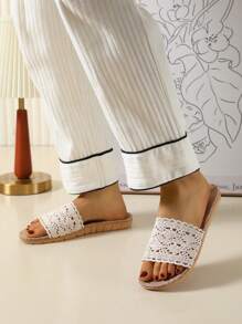 New Breathable Lace Linen Home Slippers, Versatile Princess Linen Slippers - Beige - View 5