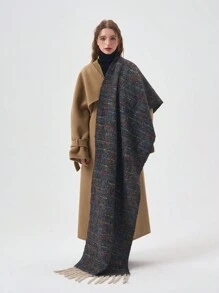 女用漸層色條紋保暖圍巾休閒百搭日常披肩 - 黑色 - 查看 1