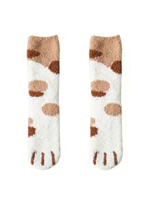 1 双珊瑚绒蓬松袜子，适合男孩和女孩，带有可爱的猫爪设计，厚实温暖，适合睡觉、在家或地板上 - 彩色 - 查看 1