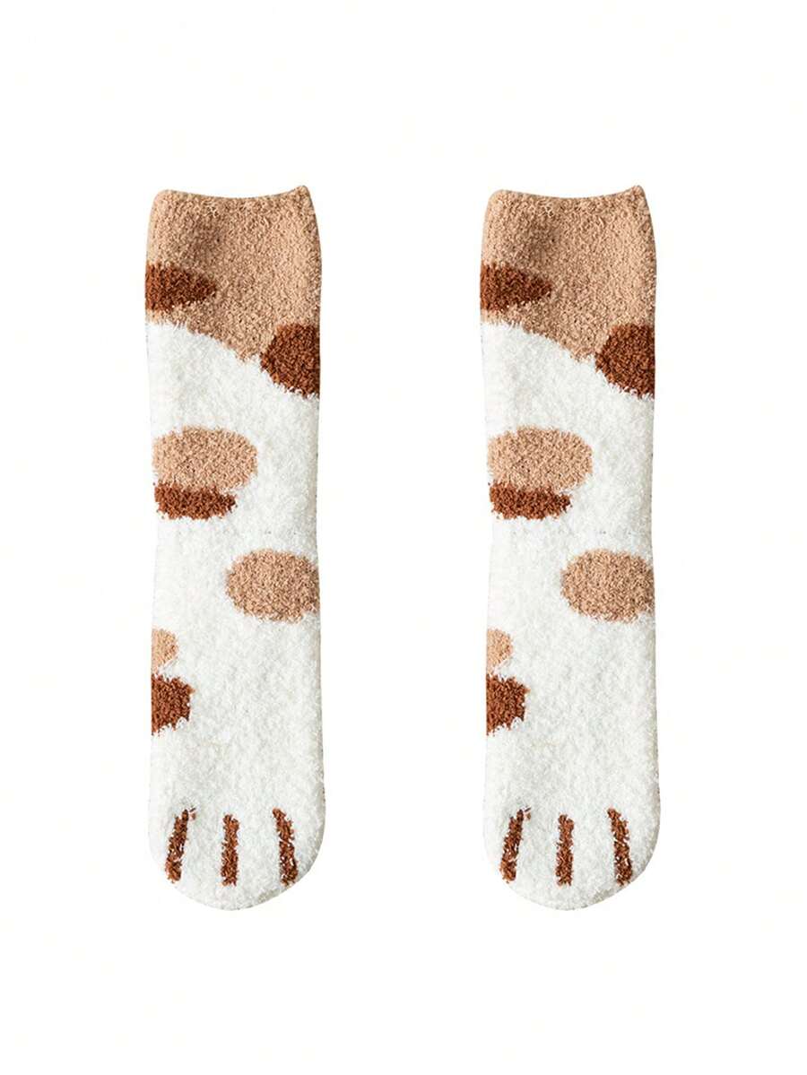 1 双珊瑚绒蓬松袜子，适合男孩和女孩，带有可爱的猫爪设计，厚实温暖，适合睡觉、在家或地板上 - 彩色 - 查看 1