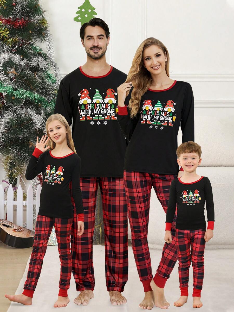 2-Piece Set Of Young Girl Christmas Family Matching Pajamas, Fun Santa Plaid Long-Sleeved Pants, Holiday Comfortable Snug Fit Homewear Set