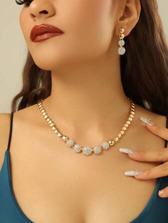 3 st/set Guldpläterad Full Rhinestone Runda Stil Halsband Och Örhängen Set För kvinnor , Lyx Bröllop Smycken Set