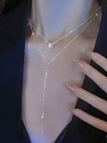 1pc Light Luxury Uncommon Sexy Long Tassel & Sparkling Rhinestone Double Layer Collarbone Chain Necklace - Silver - View 4