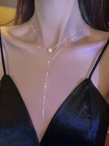 1pc Light Luxury Uncommon Sexy Long Tassel & Sparkling Rhinestone Double Layer Collarbone Chain Necklace - Silver - View 1