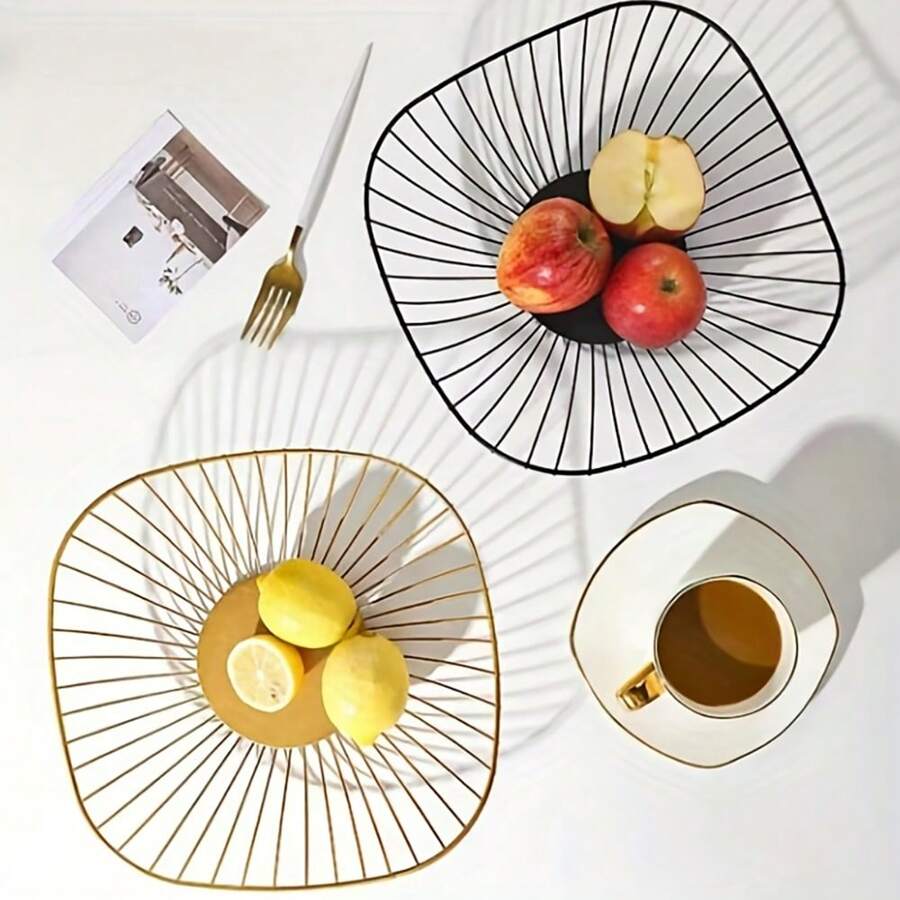 1pc Lace Decor Fruit Basket - Gold - View 1