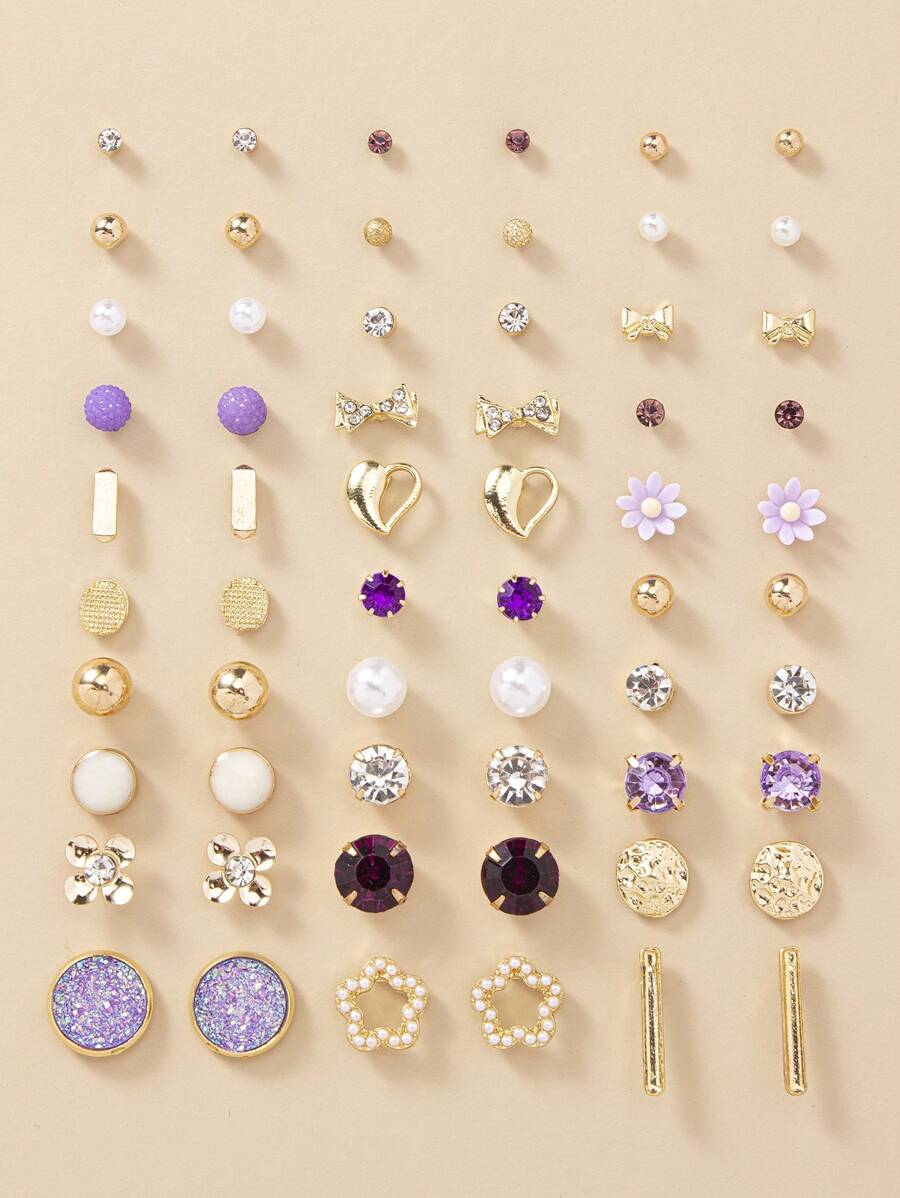 30 对/套精致简约仿珍珠花心蝴蝶结形女士约会耳环礼品套装情人节、妈妈、母亲、母亲节、礼物 - 彩色 - 查看 1