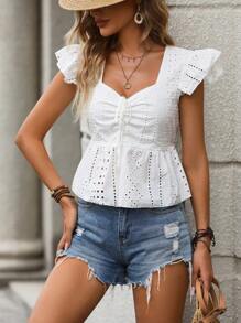 透視蕾絲上衣,金線蕾絲公主袖,v領系帶 - 白色 - 查看 5