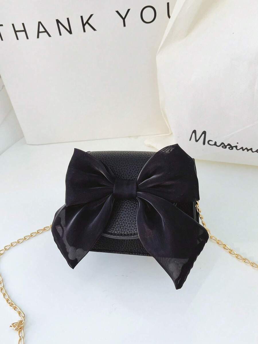 纯色蝴蝶结儿童单肩包，迷你 pu 包带蝴蝶结装饰和链条肩带，可爱女孩钱包，适合户外活动和隔层 - 黑色 - 查看 1