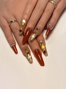24 件装复古闪亮秋季枫叶设计水钻法式长棺材假指甲套装美甲配件 - 彩色 - 查看 1