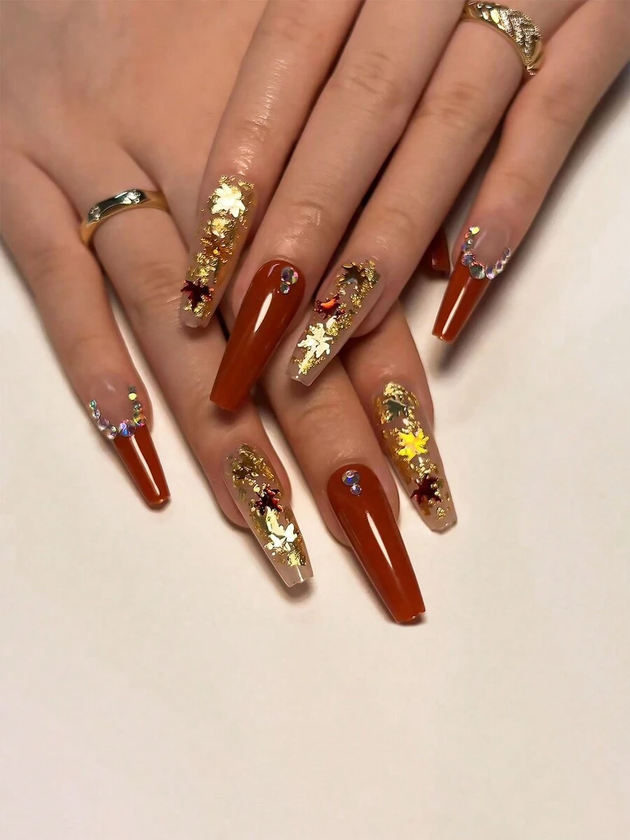 24 件装复古闪亮秋季枫叶设计水钻法式长棺材假指甲套装美甲配件 - 彩色 - 查看 1