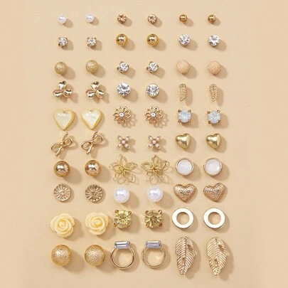 30pairs/Set Exquisite And Concise Metal Faux Pearl Small Flower Heart Bowknot Women's Date Earrings Gift Set Valentines