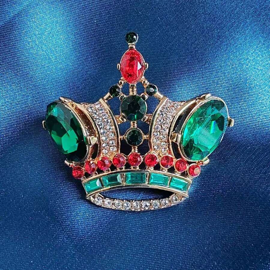 1入款女士綠色水晶復古皇冠造型胸針,適用於約會、派對和日常穿著