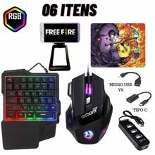 Kit Gamer Mobilador 1 Mão Tipo C V8 Free Fire COD Teclado e Mouse P/ Celular - Preto - Visão 1