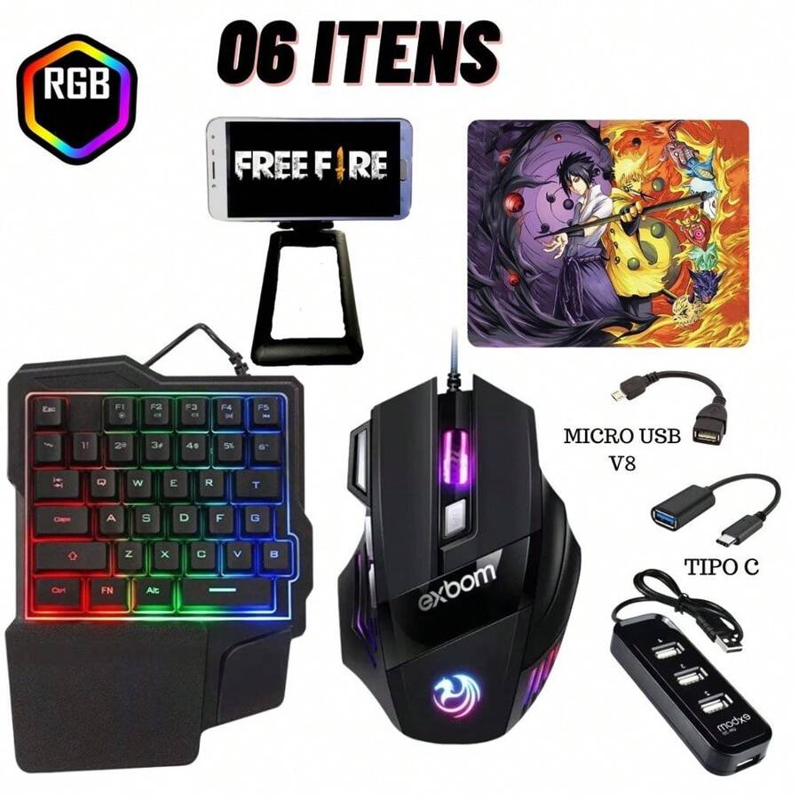 Kit Gamer Mobilador 1 Mão Tipo C V8 Free Fire COD Teclado e Mouse P/ Celular - Preto - Visão 1