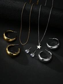 8入組彩色流行的心形和星形金屬,不銹鋼鍊項鍊,c型淡水珍珠耳環,是情人節禮物和女性日常穿著的理想選擇