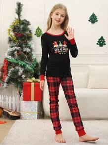 2-Piece Set Of Young Girl Christmas Family Matching Pajamas, Fun Santa Plaid Long-Sleeved Pants, Holiday Comfortable Snug Fit Homewear Set