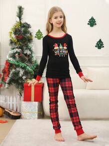 2-Piece Set Of Young Girl Christmas Family Matching Pajamas, Fun Santa Plaid Long-Sleeved Pants, Holiday Comfortable Snug Fit Homewear Set